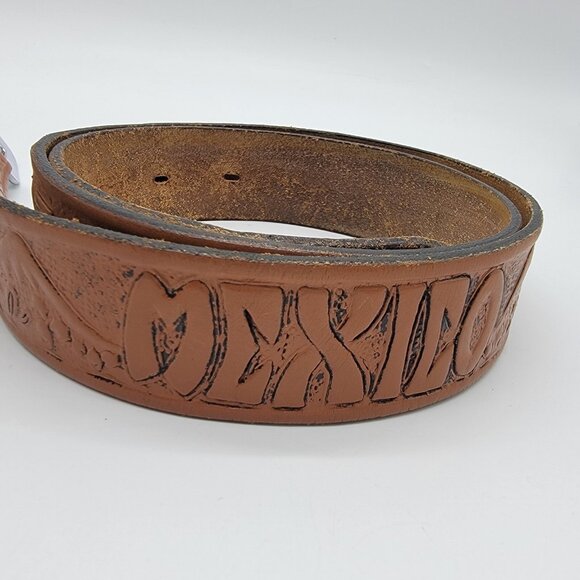 Vintage Tooled Leather Belt Mexico Spellout Ruins Embossed Unique - Picture 2 of 9